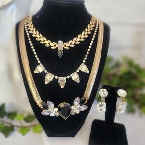 Elegant 3 Strand Gold and Crystal Necklace Earrings Set